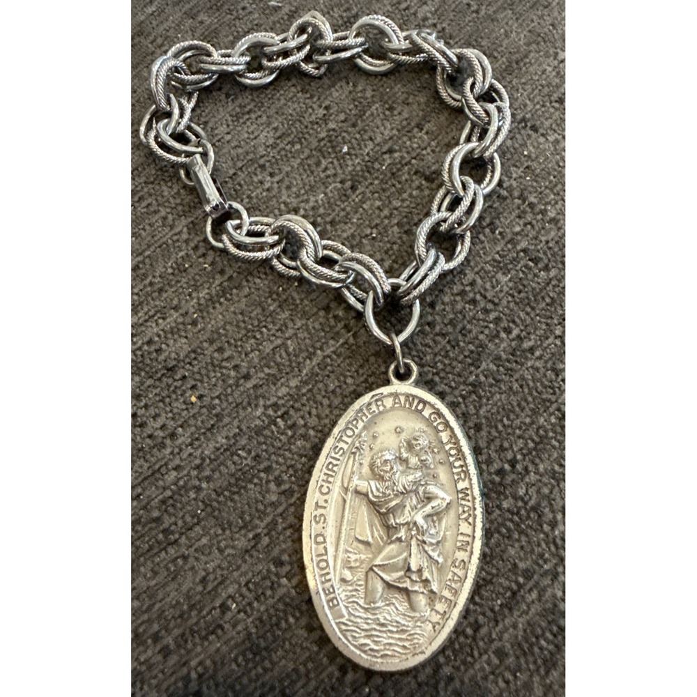 Vintage Saint Christopher Oval Pewter Medal - Bracelet -‎ Go Your Way In Safety